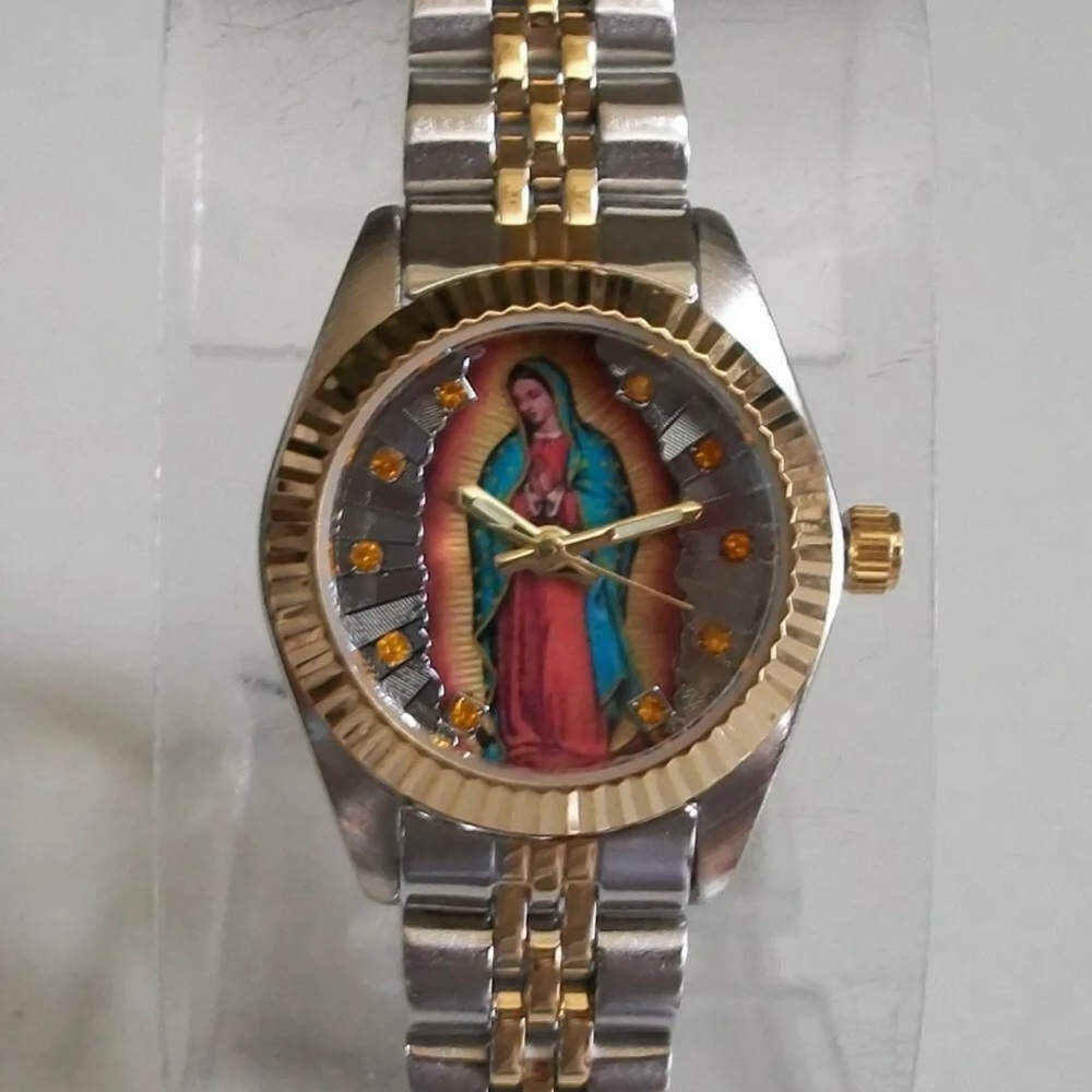MIYKON GOLD/SILVER FINISH VIRGIN MARY GUADALUPE RELIGIOUS FASHION WOMEN WATCH